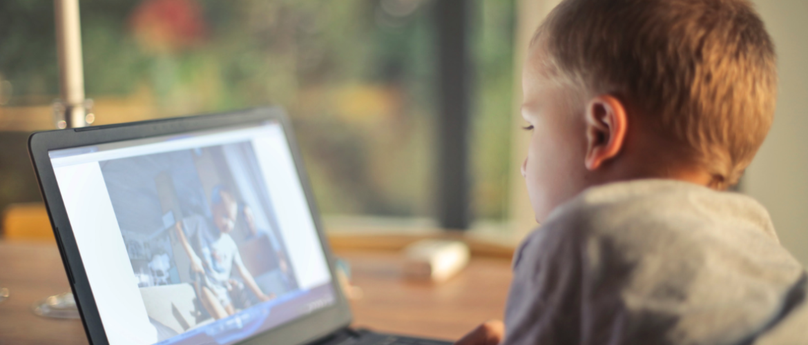 Child seated at desk looking at a computer screen in left profile.