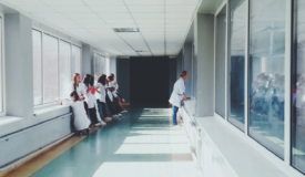 Multiple women standing in long hallway in right side profile.