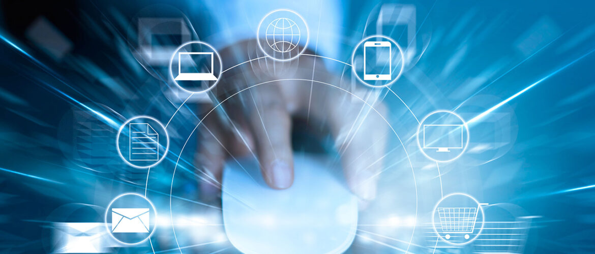 Hand is positioned in the centre of the page and is clicking a computer mouse with pointer finger, surrounded by technology-related symbols.